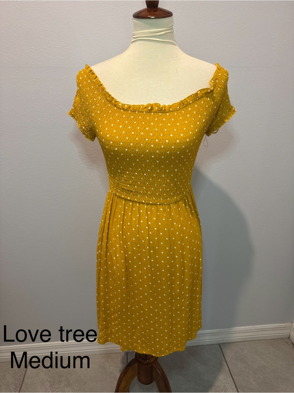 Love Tree Mustard Yellow Polka Dot Off-Shoulder Mini Dress